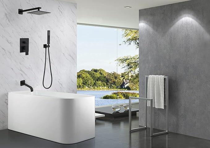 Matte Black Shower System with Tub Spout Wall Mounted Bathtub Shower Faucet Set for Bathroom with High Pressure 10" Rain Shower head and Handheld Shower Head Kit