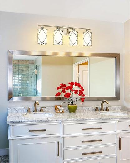 4-Light Brushed Nickel Bathroom Light Fixtures with Milk Frosted Glass, 29" Modern Bathroom Vanity Lighting Fixtures Over Mirror with Metal Cage, Wall Sconce Lights for Bath, E26, CH9176BNW-4W