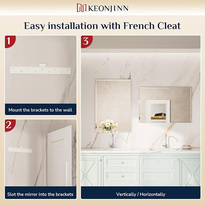 Keonjinn Frameless Bathroom Mirror 24" x 32", Rectangle Mirrors for Wall | Bathroom Vanity Mirror with Beveled Edge, Safety 5mm Temepered Glass, Shatterproof, Modern Decorative for Wall, Living Room