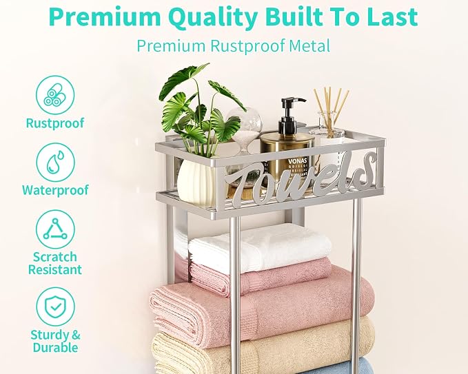 HapiRm Towel Rack Bathroom Storage - 3 Tier Over The Door & Wall Mounted Rolled Towel Racks Holder Organizer with Metal Shelf and 6 Hooks for Small Bathroom, Camper, Rv - Sliver
