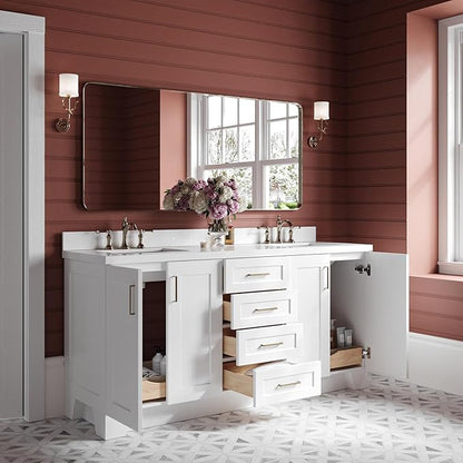 ARIEL Taylor 72-inch Bathroom Vanity with Sink,Solid Wood, 1.5-inch Pure White Quartz Countertop & Backsplash, Double Rectangular Porcelain Sink, 4 Soft Closing Doors, 6 Dovetail Drawers, White