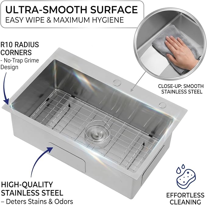 VAPSINT 28 Inch Drop in Kitchen Sink, 28x18 Inch Top Mount 16 Gauge Commercial T304 Stainless Steel Sink for Kitchen, 9 Inch Deep Handmade Single Bowl Basin Laundry Utility Wet Prep Sink, Fregadero