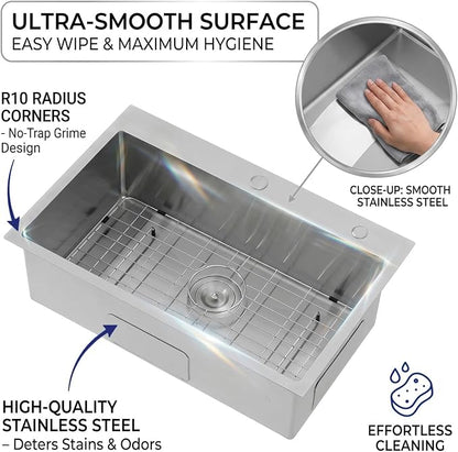 VAPSINT 28 Inch Drop in Kitchen Sink, 28x18 Inch Top Mount 16 Gauge Commercial T304 Stainless Steel Sink for Kitchen, 9 Inch Deep Handmade Single Bowl Basin Laundry Utility Wet Prep Sink, Fregadero