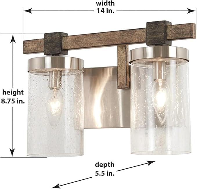 Minka Lavery 4632-106 Bridlewood Vanity Bath Light, 2-Light, 120 Total Watts, 14-in H x 8.75-in W, Stone Grey w/Brushed Nickel