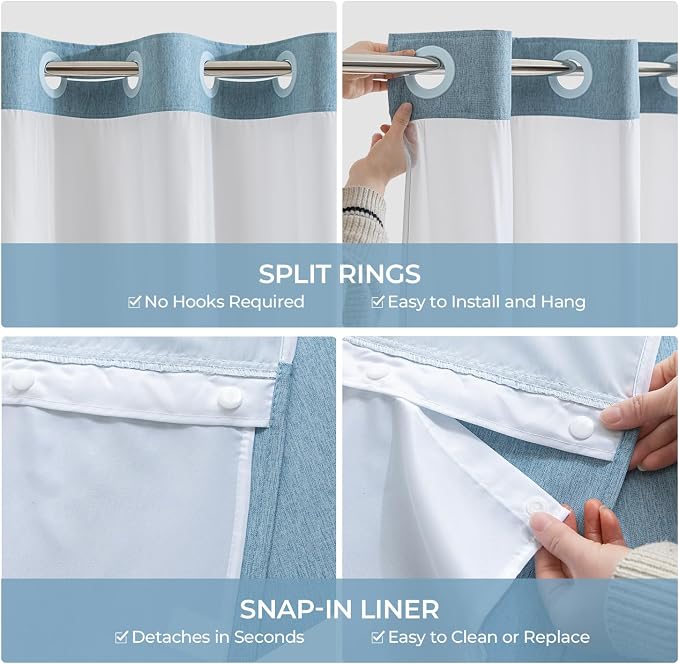 River Dream Linen Textured No Hooks Shower Curtain with Liner,Blue,71x74 | Mesh Top Window,with Snap-in Liner,Heavy Duty Fabric,Quick Dry,Bottom Magnets,Water-Repellent,Washable,Farmhouse Bathroom Set