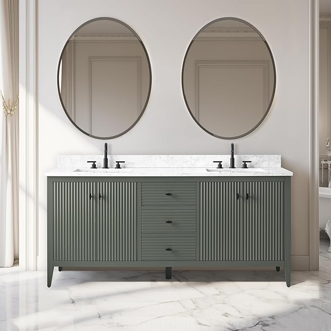 Vanity Art 72 inch Bathroom Vanity with Double Sink & Ceramic Top, Vanity Cabinet with Soft-Closing Door, Solid Wood Frame, Linear Pattern, Vintage Green, VA9172-DVG-MB,Matte Black Handles