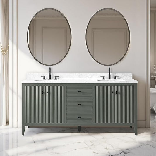 Vanity Art 72 inch Bathroom Vanity with Double Sink & Ceramic Top, Vanity Cabinet with Soft-Closing Door, Solid Wood Frame, Linear Pattern, Vintage Green, VA9172-DVG-MB,Matte Black Handles