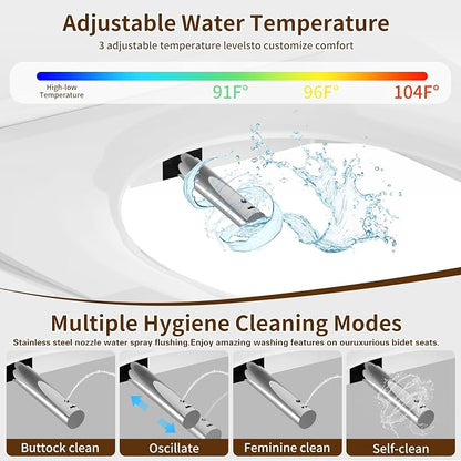 Bidet Toilet Seat with Side Controls, Instant Warm Water, Heated Seat, Warm Air Dryer, Self-Cleaning Stainless Steel Nozzles, Night Light, Soft Closed Lid, Requires Electricity, Elongated