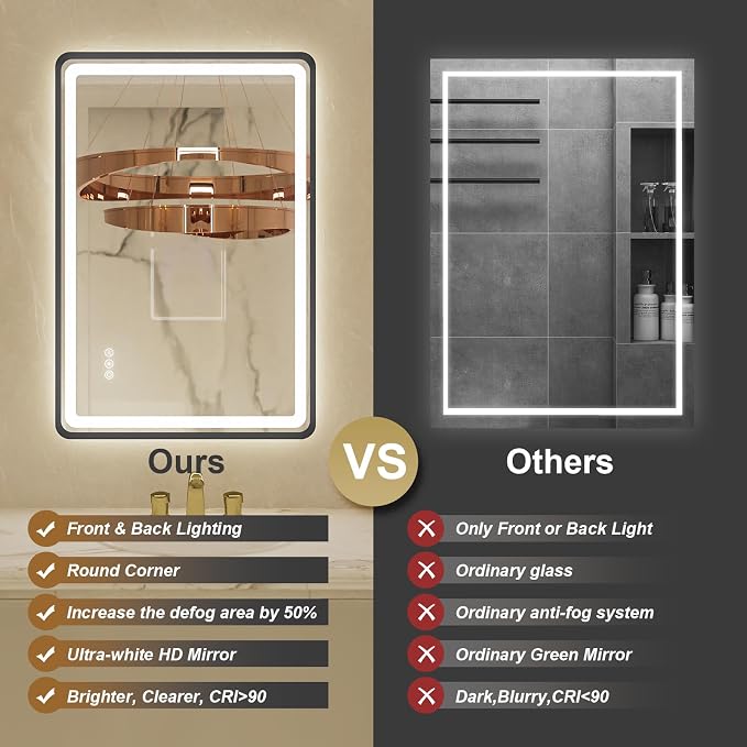 24x36 Inch Black Frame LED Bathroom Mirror with Lights, Dimmable Smart Lighted Bathroom Mirror, Anti-Fog, 3 Colors, Frontlit and Backlit, Waterproof, Memory Function Wall Mirror for Bathroom