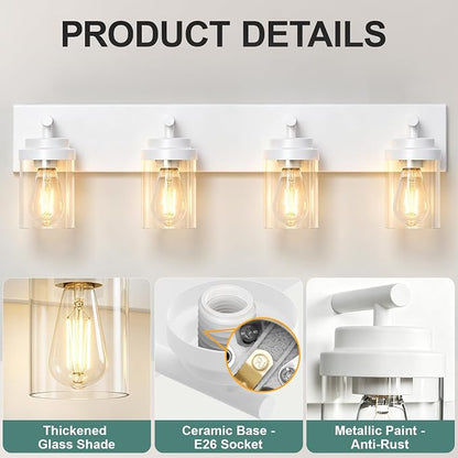 IZORRO Bathroom Vanity Light Fixture, 4-Light 30 Inch White Bathroom Light Fixtures Over Mirror, with Clear Glass Shade, Modern Farmhouse Vanity Lights, Rustic Restroom Lighting Fixtures