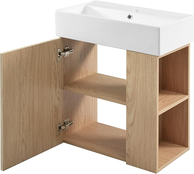 Merax 20 Inch Bathroom Vanity, Floating Sink Vanity Combo, Modern Wall Mount Bathroom Cabinet with Ceramic Integrated Sink for Small Space,Natural