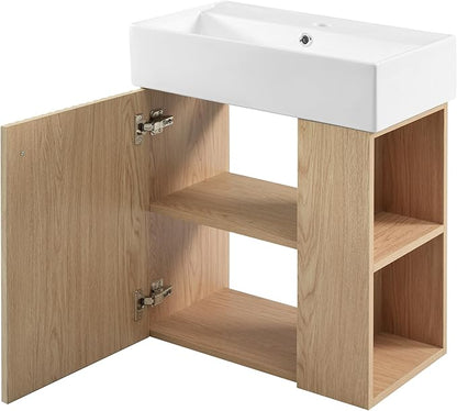 Merax 20 Inch Bathroom Vanity, Floating Sink Vanity Combo, Modern Wall Mount Bathroom Cabinet with Ceramic Integrated Sink for Small Space,Natural