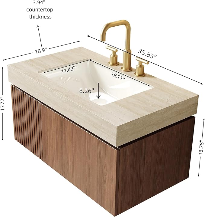 KEIKI 36 Inch Floating Bathroom Vanity with Sink, Modern Wall Mounted Storage Cabinet with Drawer, Pre-assembled Waterproof Wood Panels, Sintered Stone Top & Ceramic Basin Combo Set, Brown Oak & Beige