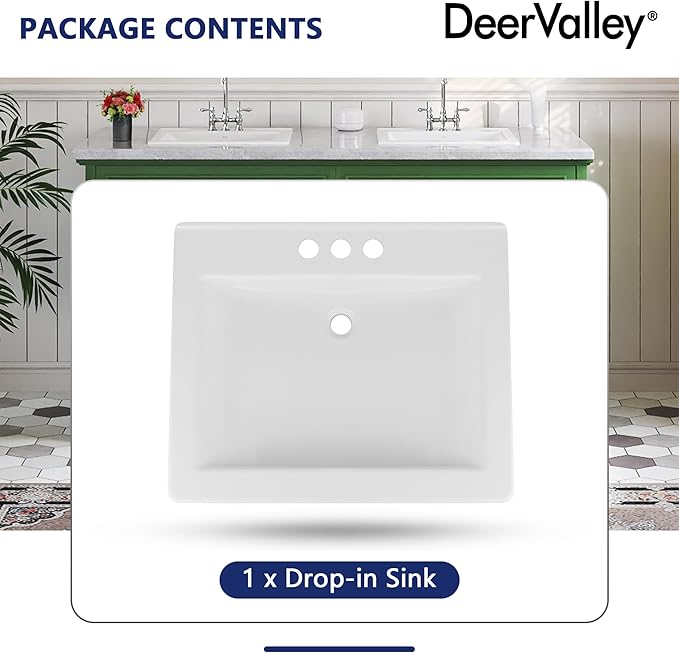 DeerValley 21x18 Inch Rectangular Ceramic Drop-in Bathroom Sink, Under Counter Vessel Sink with Overflow, White Vanity Basin, DV-1DS0122