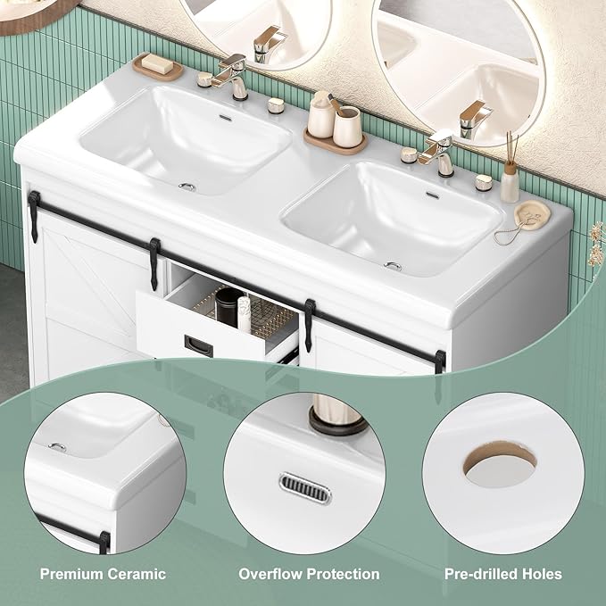48 Inch Bathroom Vanity with Doulble Sink, Bathroom Vanity Cabinet with 2 Sinks, White Bath Vanities with 2 Sliding Doors (20" D x 48" W x 36" H)