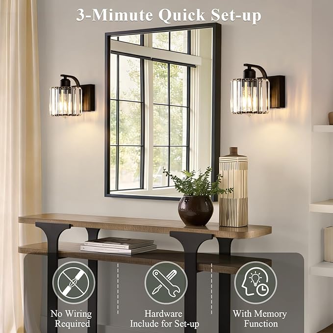 BELS 8 Inch Battery Operated Wall Sconces Set of 2, Farmhouse Black Wall Lights Fixture with Crystal Shade, 3 Colors Temperature, Remote Control, Dimmable, Wall Sconces for Mirror, Bathroom, Bedroom
