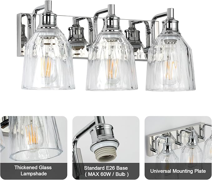 3 Light Bathroom Light Fixtures Modern Chrome Vanity Lights for Bathroom Lighting Fixtures Over Mirror with Thickened Glass Shade for Cabinet Mirror Bedroom Hallway