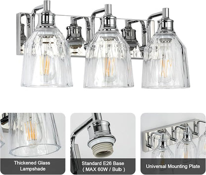 3 Light Bathroom Light Fixtures Modern Chrome Vanity Lights for Bathroom Lighting Fixtures Over Mirror with Thickened Glass Shade for Cabinet Mirror Bedroom Hallway