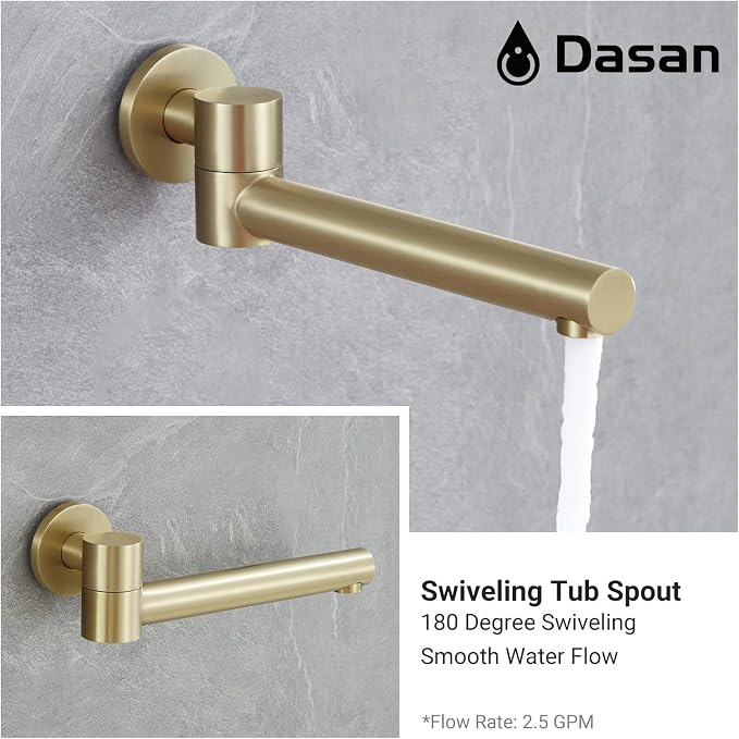DASAN Tub Shower Faucets Sets Complete Bathtub Faucet Set Brushed Gold Bathtub Shower System with Tub Spout, Bathroom Tub and Shower Faucet Combo Trim Kit with Rough-in Valve, DA-SS03BG-R10W
