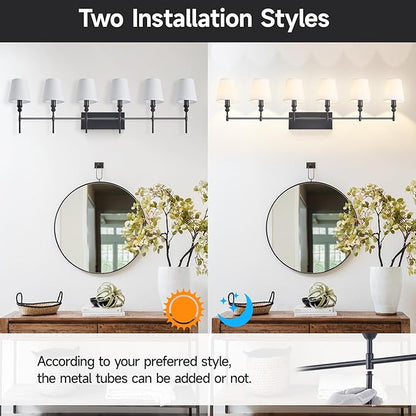 6-Light Black Bathroom Lighting Fixtures Over Mirror,50 in Vintage Bathroom Vanity Lights with Flared White Fabric Lampshade for Bedroom,Living Room,Foyer,2 Styles Modern Wall Sconce E12 Base