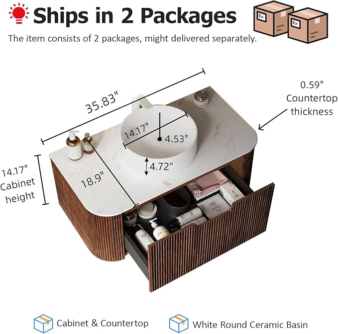 36 inch Floating Bathroom Vanity with Sink, Wall-Mount Cabinet with Ultra-Thin Ceramic Basin and Marble Top, Large Storage Drawer, Soft-Close Design, Dark Walnut
