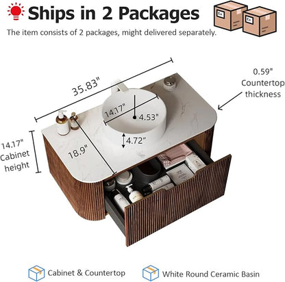 36 inch Floating Bathroom Vanity with Sink, Wall-Mount Cabinet with Ultra-Thin Ceramic Basin and Marble Top, Large Storage Drawer, Soft-Close Design, Dark Walnut