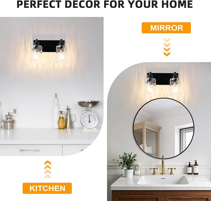 2 Light Bathroom Vanity Light Modern Black Bathroom Light Fixtures Over Mirror with Hammered Glass Lampshade for Kitchen Hallway