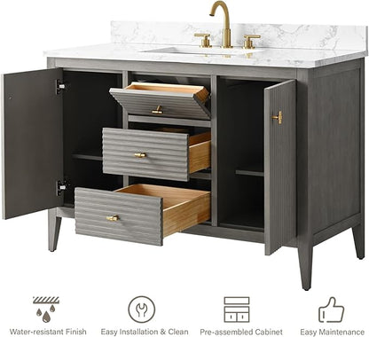HOMEBEYOND 48" Bathroom Vanity with Sink, Solid Wood Bathroom Vanity Free-Standing Cabinet, Drawers, Ceramic Top & Soft Closing Door, Golden Brushed Handware, Driftwood Gray