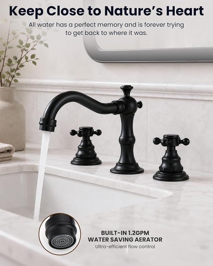 gotonovo 3 Hole 8’’ Widespread Bathroom Sink Faucet Matte Black | Vintage Bathroom Faucet,2 Cross Handle,6-16’’ Sink,Vanity,Basin,RV,Farmhouse,SUS304,24’’ cUPC Hose Pop Up Drain,Deck Mount