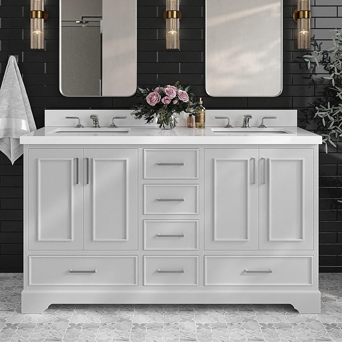 ARIEL Stafford 60-inch Bathroom Vanity with Sink,Solid Wood, 1.5-inch Pure White Quartz Countertop & Backsplash, Double Rectangular Porcelain Sink, 4 Soft Closing Doors, 6 Dovetail Drawers, Grey