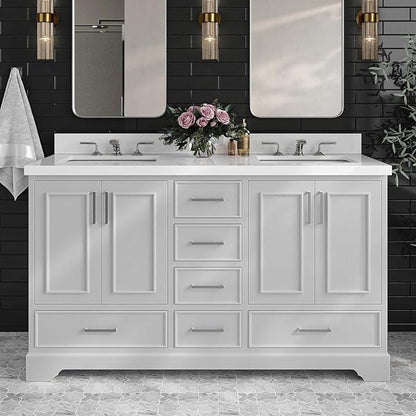 ARIEL Stafford 60-inch Bathroom Vanity with Sink,Solid Wood, 1.5-inch Pure White Quartz Countertop & Backsplash, Double Rectangular Porcelain Sink, 4 Soft Closing Doors, 6 Dovetail Drawers, Grey