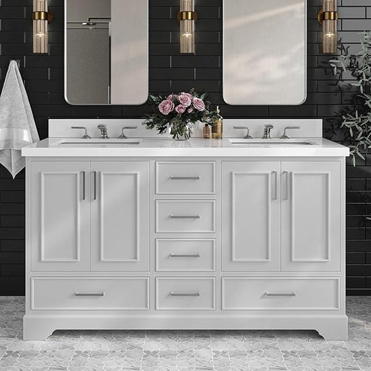 ARIEL Stafford 60-inch Bathroom Vanity with Sink,Solid Wood, 1.5-inch Pure White Quartz Countertop & Backsplash, Double Rectangular Porcelain Sink, 4 Soft Closing Doors, 6 Dovetail Drawers, Grey