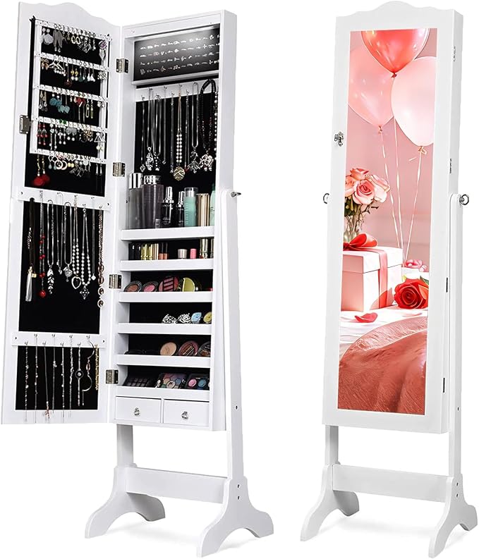 NAFORT Jewelry Armoire, Mirror with Jewelry Storage, 14 LED Lights Jewelry Organizer, Standing Lockable Jewelry Cabinet with Full Length Mirror, Jewelry Organizer with 2 Drawers, White