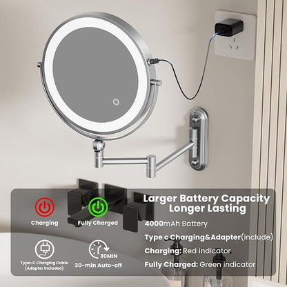 9" Wall Mounted LED Lighted Makeup Vanity Mirror - 4000mAh Rechargeable Double Sided 1X/30X Magnifying Mirror, 3 Color Lights Touch Dimmable, Height Adjustable Extended Arm 360° Swivel Bathroom Mirror