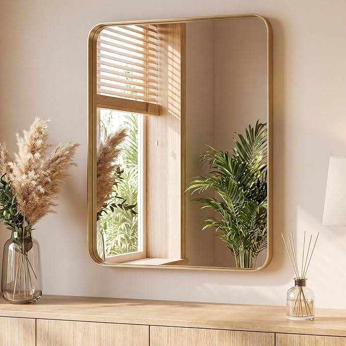 Sweetcrispy Bathroom Mirror 48x36 Inch, Vanity Mirror for Wall | Metal Framed Rounded Rectangle, Over Sink, Farmhouse Restroom, Anti-Rust, Horizontal or Vertical Hanging, Gold