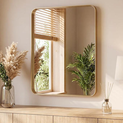 Sweetcrispy Bathroom Mirror 48x36 Inch, Vanity Mirror for Wall | Metal Framed Rounded Rectangle, Over Sink, Farmhouse Restroom, Anti-Rust, Horizontal or Vertical Hanging, Gold