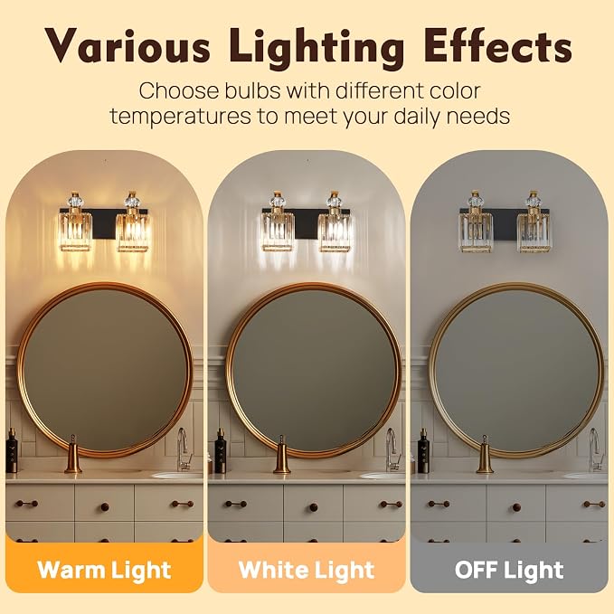 Modern Bathroom Vanity Light, 2-Light Black Gold Bathroom Lighting Fixtures Over Mirror, 12.6" Crystal Wall Light Sconce for Bathroom/Bedroom/Vanity, Includes LED Bulbs, Easy Installation