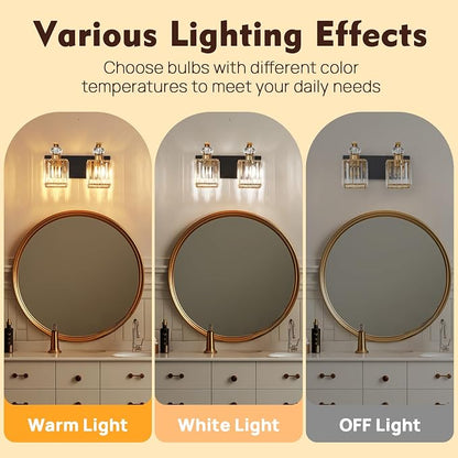 Modern Bathroom Vanity Light, 2-Light Black Gold Bathroom Lighting Fixtures Over Mirror, 12.6" Crystal Wall Light Sconce for Bathroom/Bedroom/Vanity, Includes LED Bulbs, Easy Installation