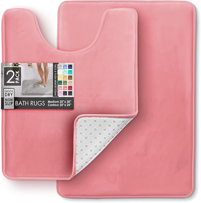 Clara Clark 2 Piece Bathroom Rugs, Velvet Memory Foam Bath Mat Set, Non-Slip Bath Rugs, Machine Wash, Dries Quickly, Ultra Soft Plush Bath Mats for Bathroom, 20 x 32 + Contour, Coral Pink