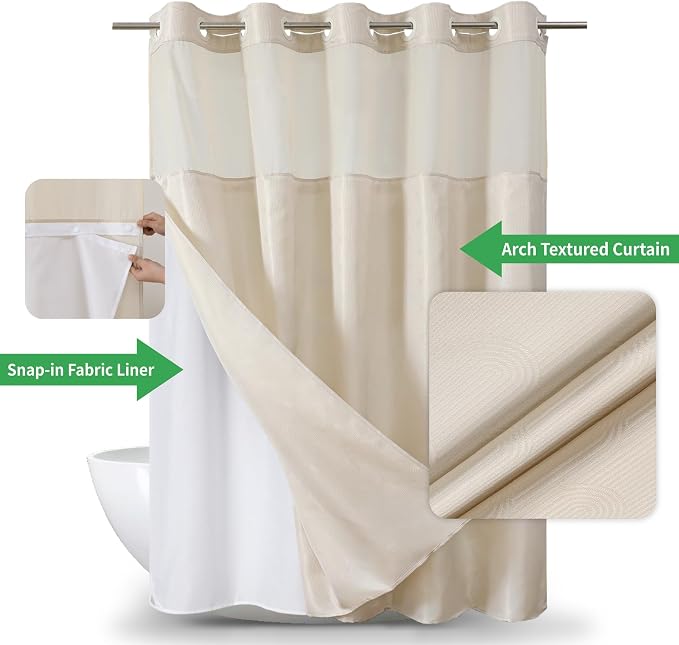 eachope Extra Long No Hook Shower Curtain with Snap-in Liner,71x86,Cream | Boho Arch Textured,230GSM Thick Fabric,Sheer Window,Magnetic Weighted Hem,Waterproof & Machine Washable,for Bathroom,Hotel