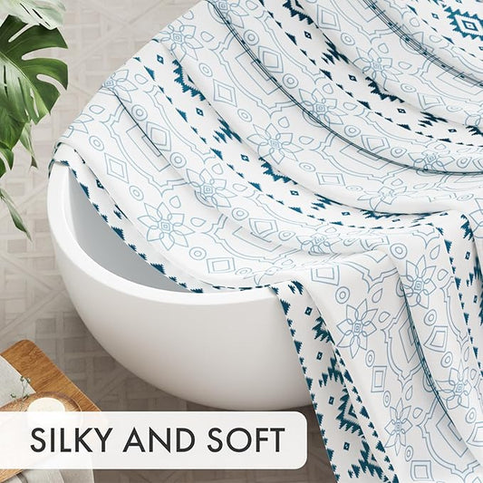 AmazerBath Boho Shower Curtain, 72x72 Washable Cloth Navy and White Shower Curtains for Bathroom, Fabric Rustic Neutral Shower Curtain Set with 12 Hooks, Modern Camper RV Dorm Stall Shower Curtain