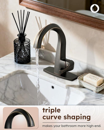 WOWOW Single Handle Bathroom Faucet 1 Hole High Arc Bathroom Basin Oiled Rubbed Bronze with Pop Up Drain, Solid Brass Commercial Bathroom Sink Faucet Basin Vanity Bar Faucet (Patented Product)