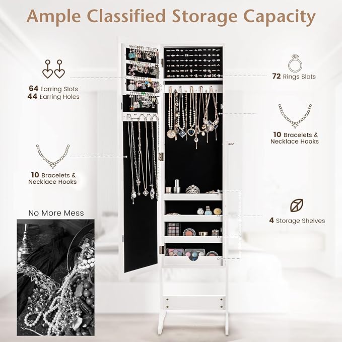 MAT EXPERT Jewelry Armoire Cabinet w/Full-Length Mirror, Jewelry Organizer Standing Mirror w/ 4 Shelves, 3 Adjustable Tilt Angles, Anti-toppling Device, Jewelry Cabinet for Bedroom, Living Room, White