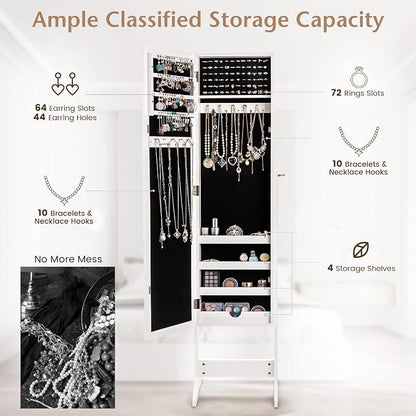 MAT EXPERT Jewelry Armoire Cabinet w/Full-Length Mirror, Jewelry Organizer Standing Mirror w/ 4 Shelves, 3 Adjustable Tilt Angles, Anti-toppling Device, Jewelry Cabinet for Bedroom, Living Room, White