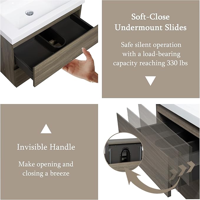 Floating Bathroom Vanity with Sink, 36" Wall-Mounted Bathroom Storage Vanity Cabinet with Resin Top Basin and Soft Close Drawers, No Assembly Required, Ash Grey