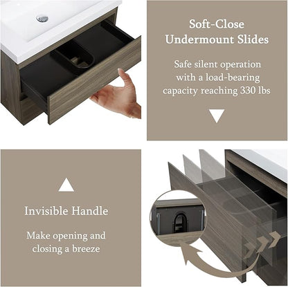 Floating Bathroom Vanity with Sink, 36" Wall-Mounted Bathroom Storage Vanity Cabinet with Resin Top Basin and Soft Close Drawers, No Assembly Required, Ash Grey