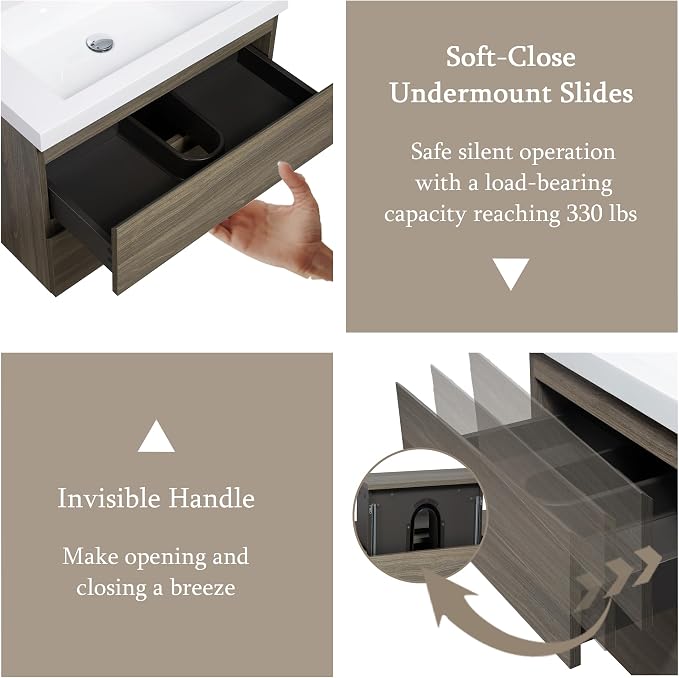 Floating Bathroom Vanity with Sink, 36" Wall-Mounted Bathroom Vanity | Resin Top Basin and Soft Close Drawers, No Assembly Required, Ash Grey