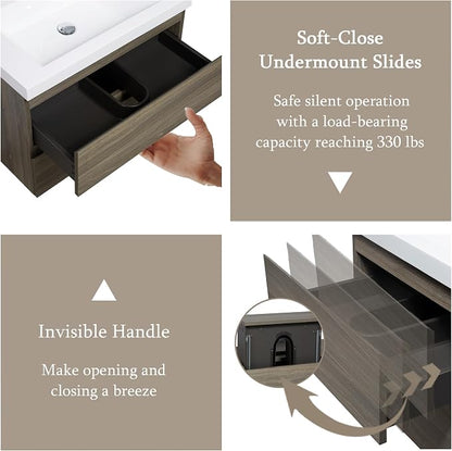 Floating Bathroom Vanity with Sink, 36" Wall-Mounted Bathroom Vanity | Resin Top Basin and Soft Close Drawers, No Assembly Required, Ash Grey