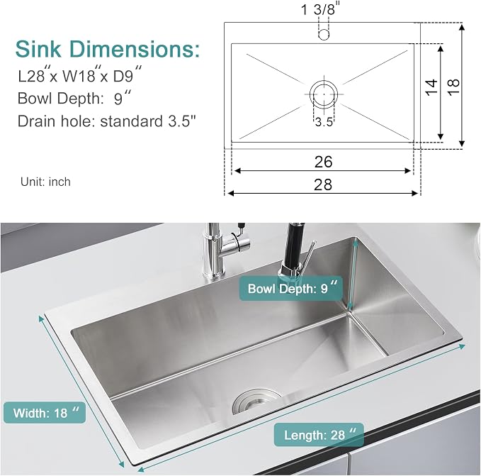 Brushed Topmount Kitchen Sink - 28”×18” Single Bowl Sink | 9 Inch Deep Handmade Bar Sink with Strainer, Stainless Steel 304, Center Drain, X-Groove Drainage, Sound-Dampening Pad