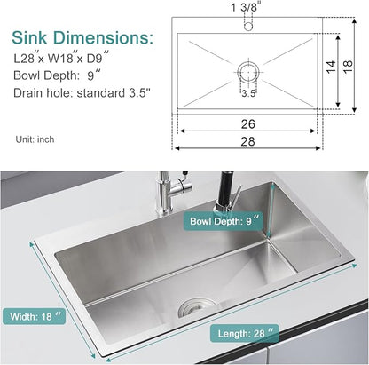 Brushed Topmount Kitchen Sink - 28”×18” Single Bowl Sink | 9 Inch Deep Handmade Bar Sink with Strainer, Stainless Steel 304, Center Drain, X-Groove Drainage, Sound-Dampening Pad